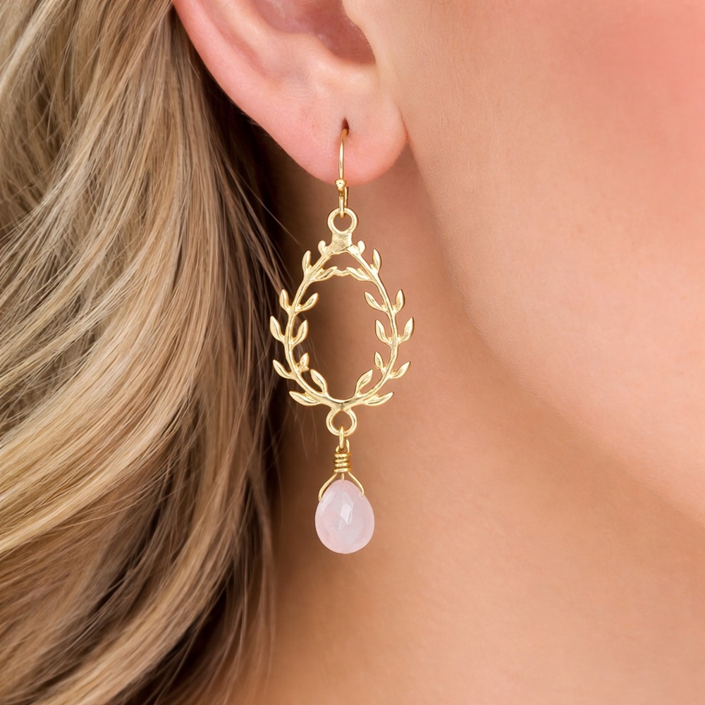 Romantic Gold Leaf Earrings Pink Stone Dangle Classic Timeless